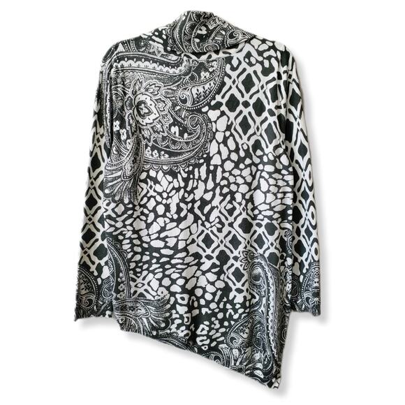 Chico's Cowl Neck Asymmetric Hem Sweater L 2 Paisley Gray White Artsy Lagenlook - Picture 6 of 9